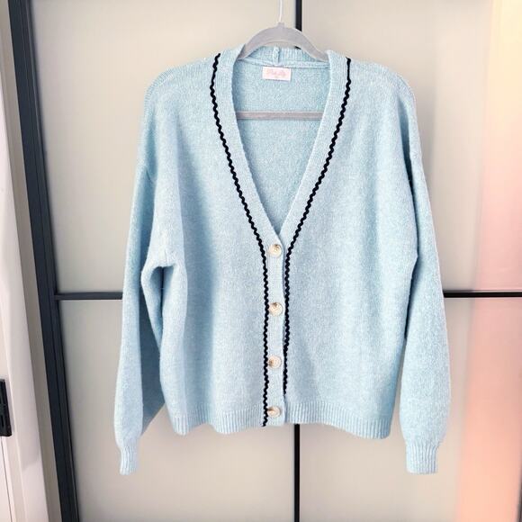 Pink Lily Cardigan Sweater Size M/L pastel Blue Prep Ivy League CURRENT STYLE - Picture 3 of 10